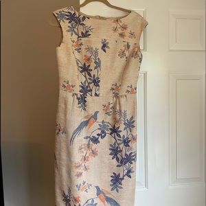 Tory Burch tan dress with blue and orange print.
